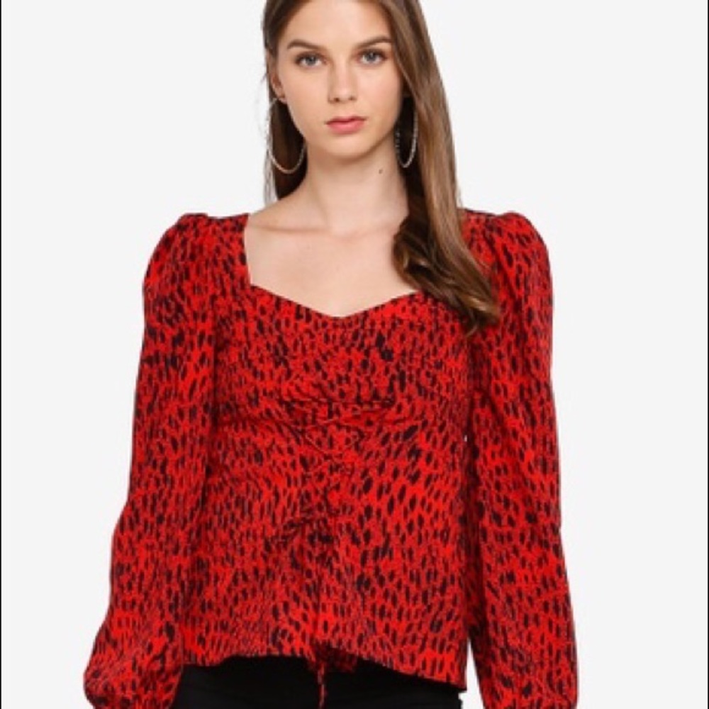 Topshop Red Leopard Lace Up Prairie Blouse Top